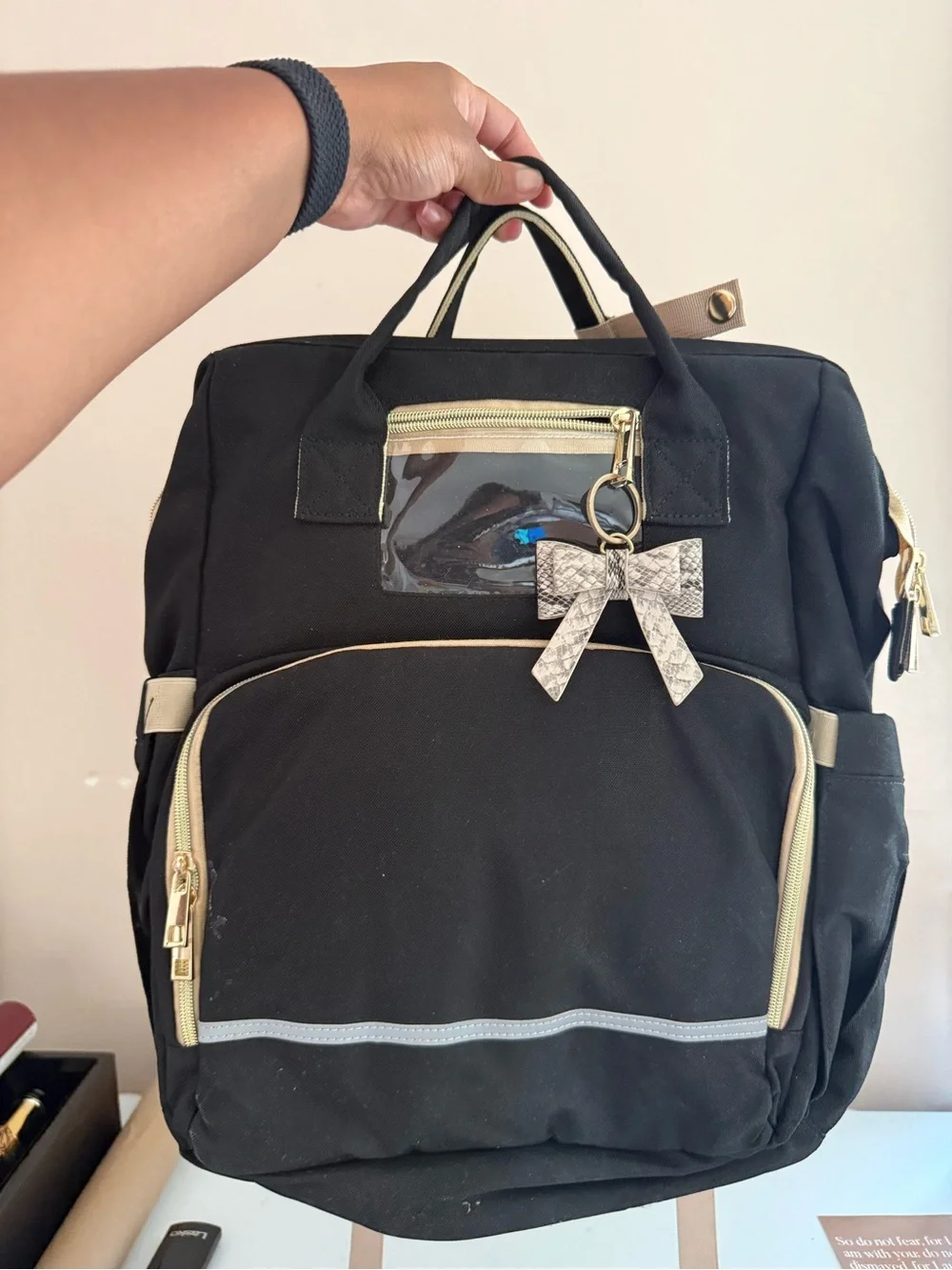 Black Diaper Bag/ Backpack Tote with Gold Accents